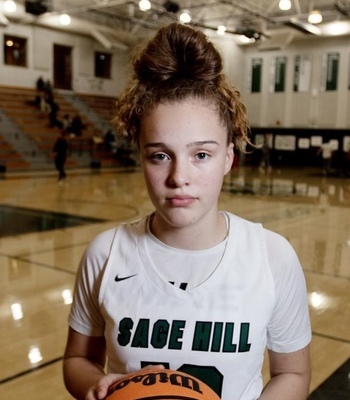 Newport Beach, CA - January 24: Amalia Holguin of Sage Hill Academy High School, is a freshman point guard playing varsity basketball who played for Kobe Bryant's Mamba Academy team. Photo taken in Sage Hill Academy High School in Newport Beach Tuesday, Jan. 24, 2023. Amalia Holguin of Sage Hill High could be next big thing in girls' basketball. The freshman was the last player to be coached by Kobe Bryant at Mamba Academy to reach high school.(Allen J. Schaben / Los Angeles Times)